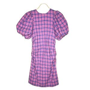 Ganni Wild Orchid Pink & Blue Plaid Puff‎ Sleeve Mini Women's Dress UK 36/US 6